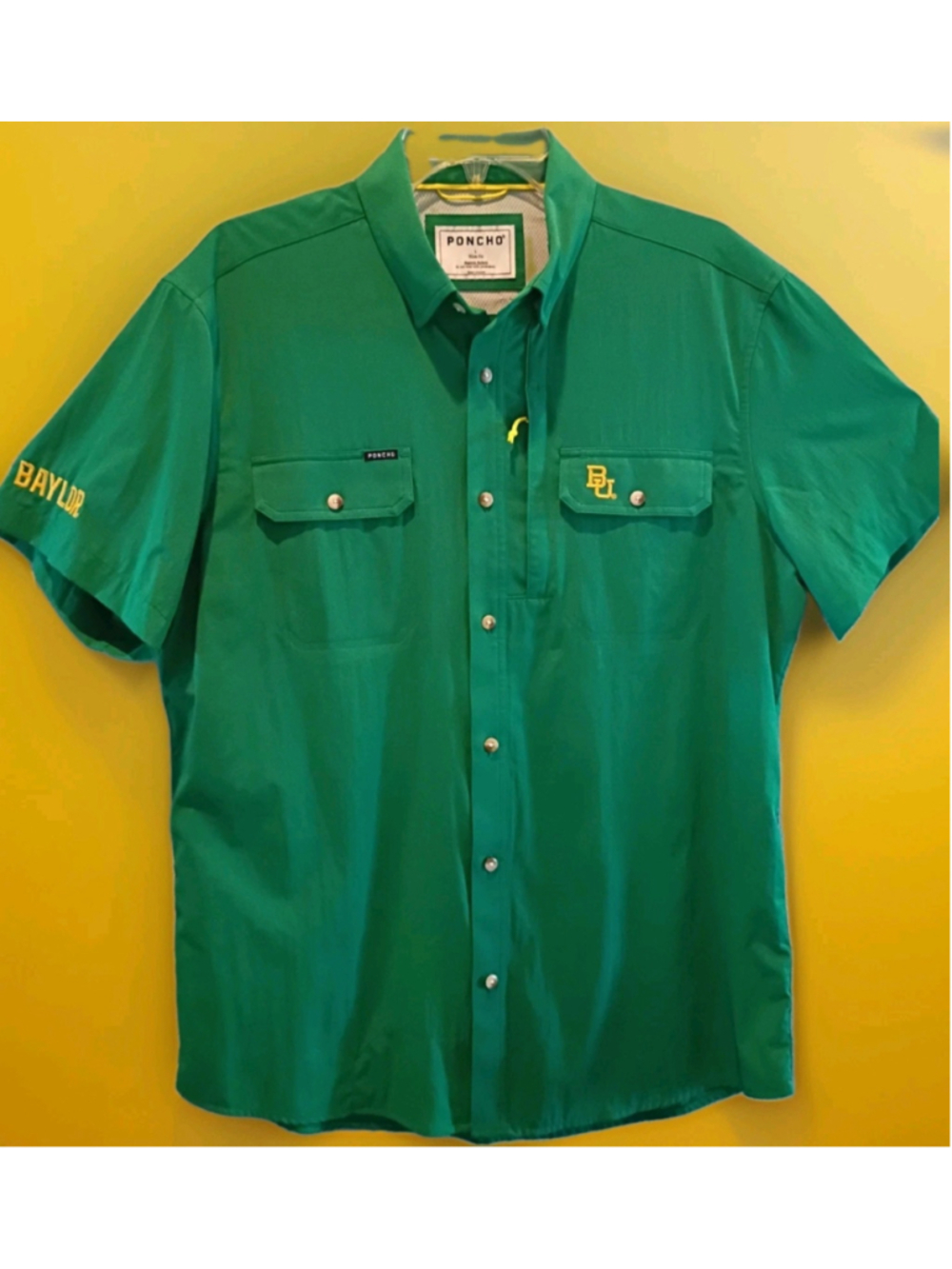 PONCHO-BU Baylor-THE WACO Shirt-Sz LG- Green-Yellow Detail Logo Magnetic Pockets